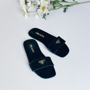 Prada Triangle Logo Dark Green Velvet Slide Sandals